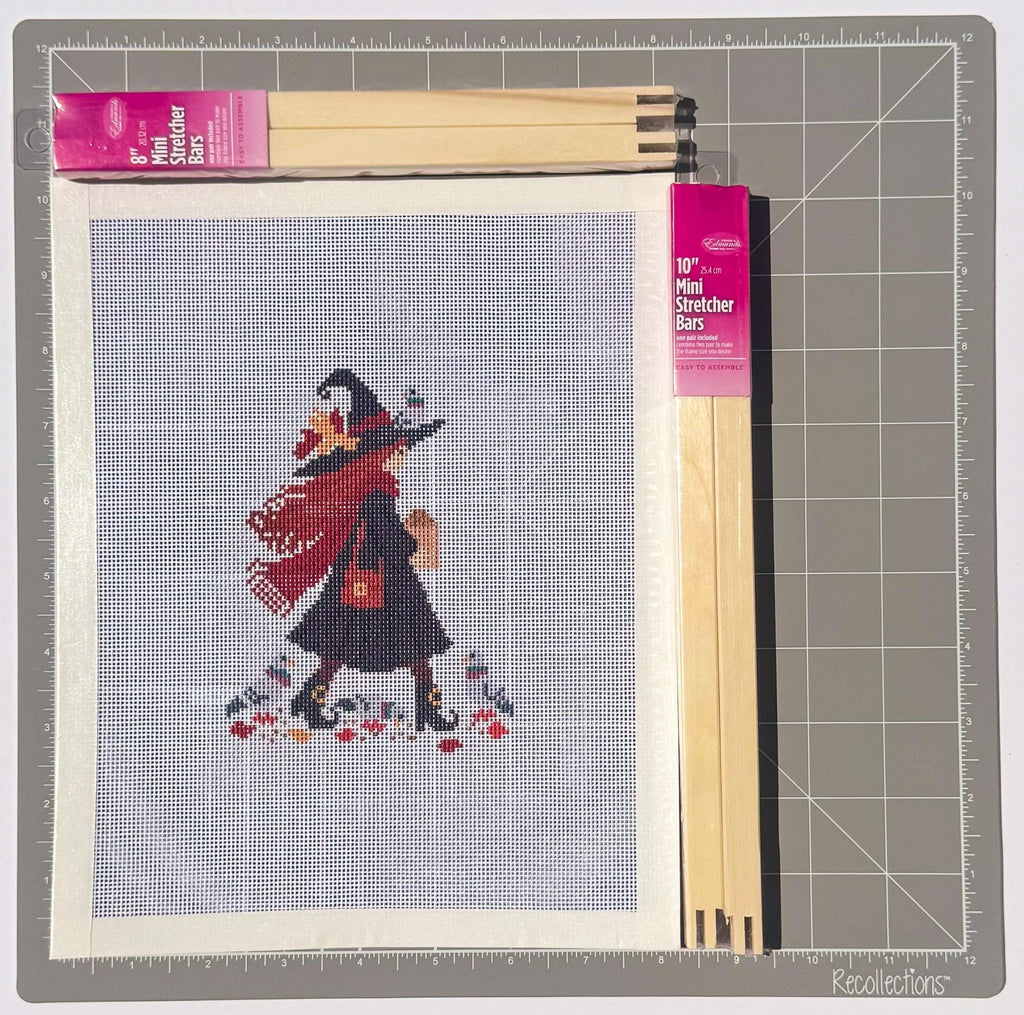Witch with Pigeons printed needlepoint canvas - NeedleLittleStitchCo