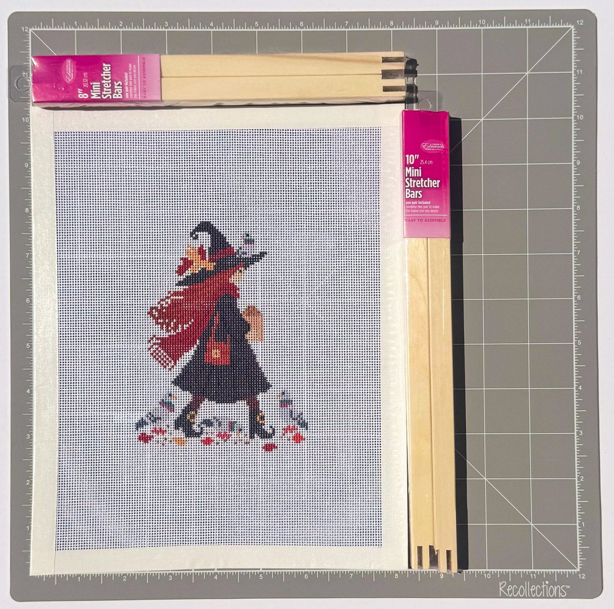Witch with Pigeons printed needlepoint canvas - NeedleLittleStitchCo
