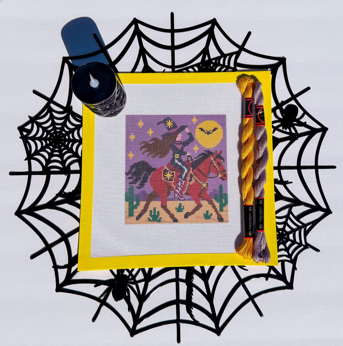 Halloween Cowgirl Witch printed needlepoint canvas - NeedleLittleStitchCo