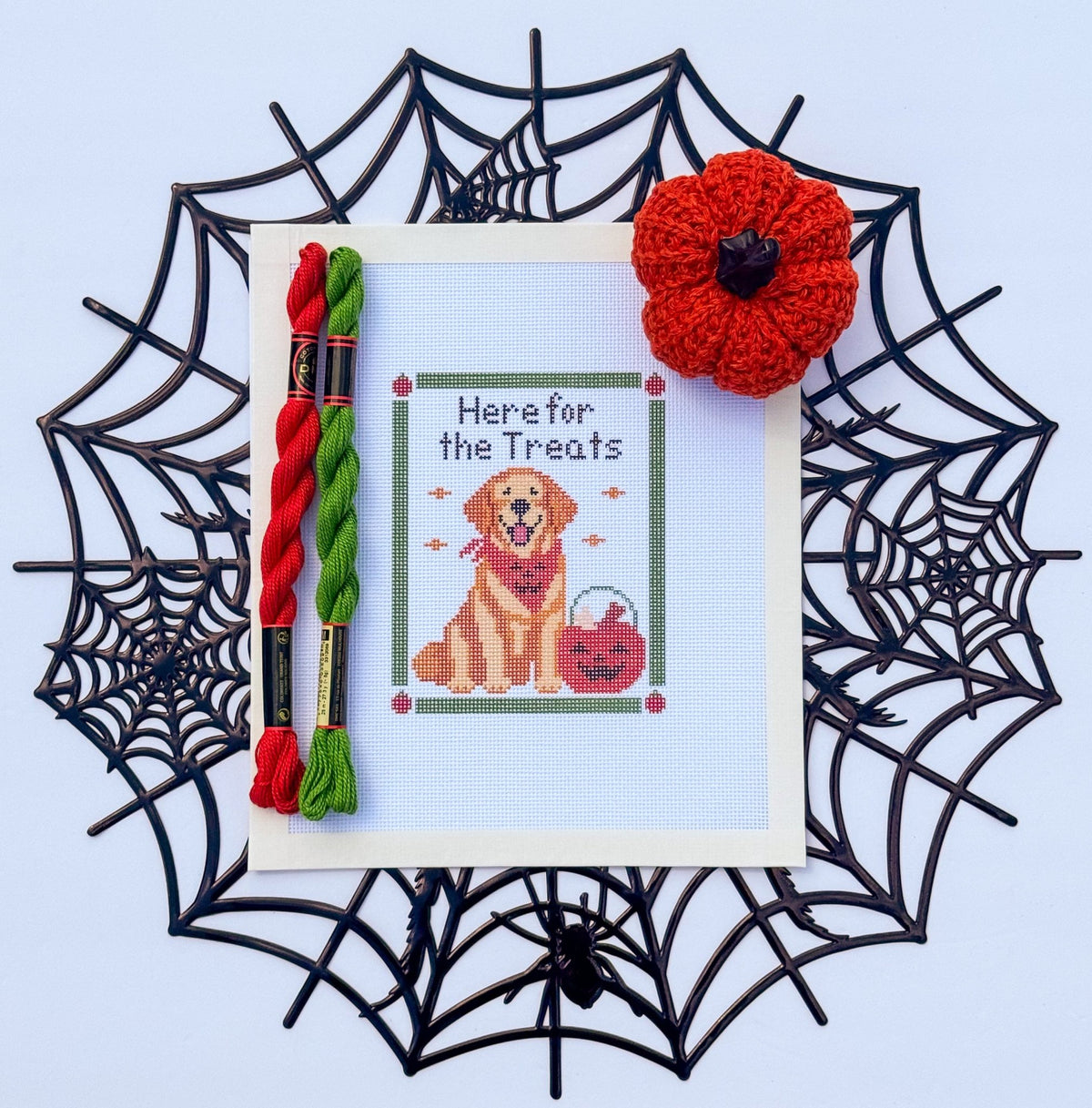 Halloween Golden Retriever printed needlepoint canvas - NeedleLittleStitchCo