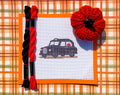 London Taxi Cab with Fall Pumpkin printed needlepoint canvas - NeedleLittleStitchCo
