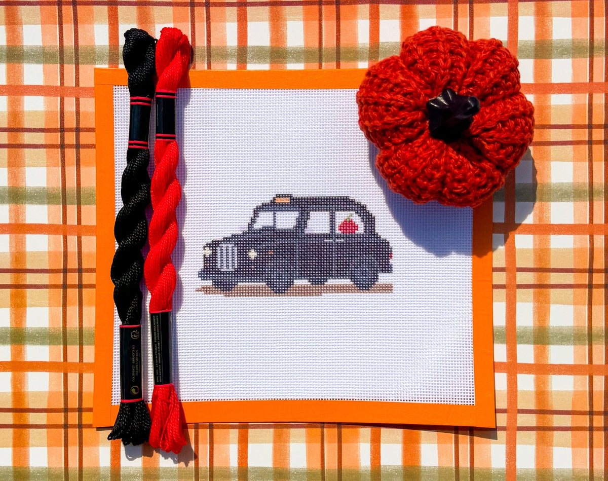 London Taxi Cab with Fall Pumpkin printed needlepoint canvas - NeedleLittleStitchCo
