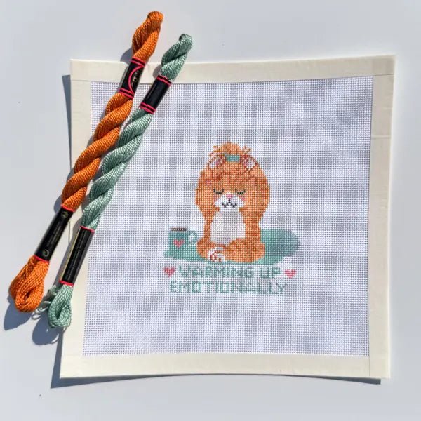 Warming Up Emotionally Orange Cat Yoga printed needlepoint canvas - NeedleLittleStitchCo