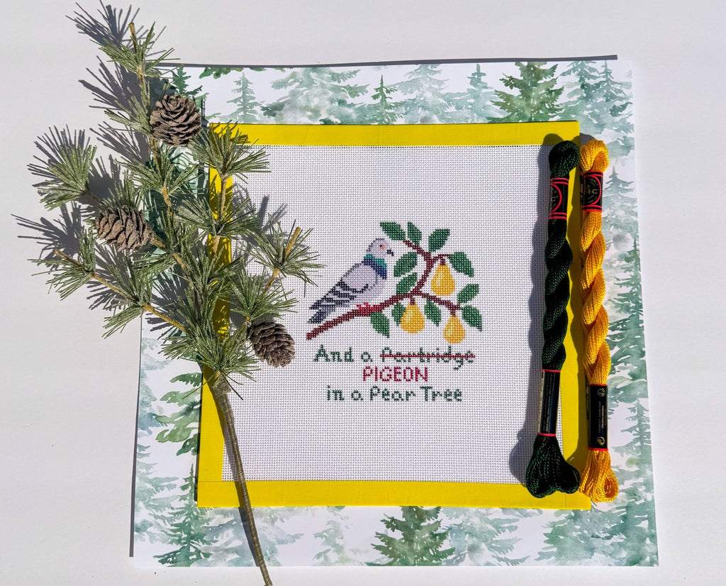 Christmas Pigeon in a Pear Tree printed needlepoint canvas - NeedleLittleStitchCo