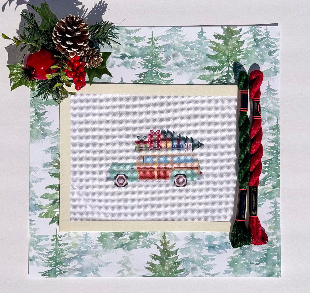 Retro Christmas Station Wagon printed needlepoint canvas - NeedleLittleStitchCo