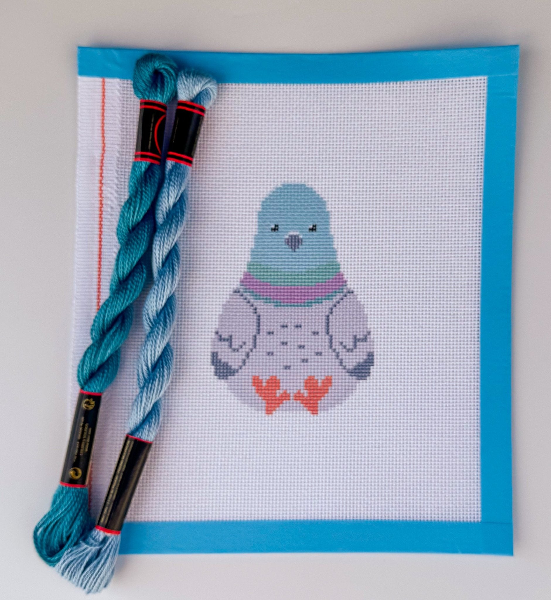 Whimsical Pigeon Plush printed needlepoint canvas - NeedleLittleStitchCo