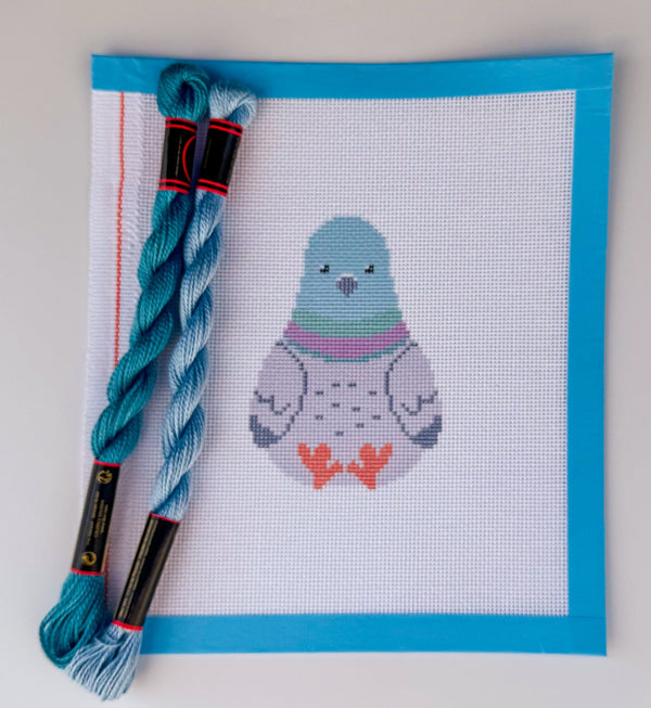 Whimsical Pigeon Plush printed needlepoint canvas - NeedleLittleStitchCo