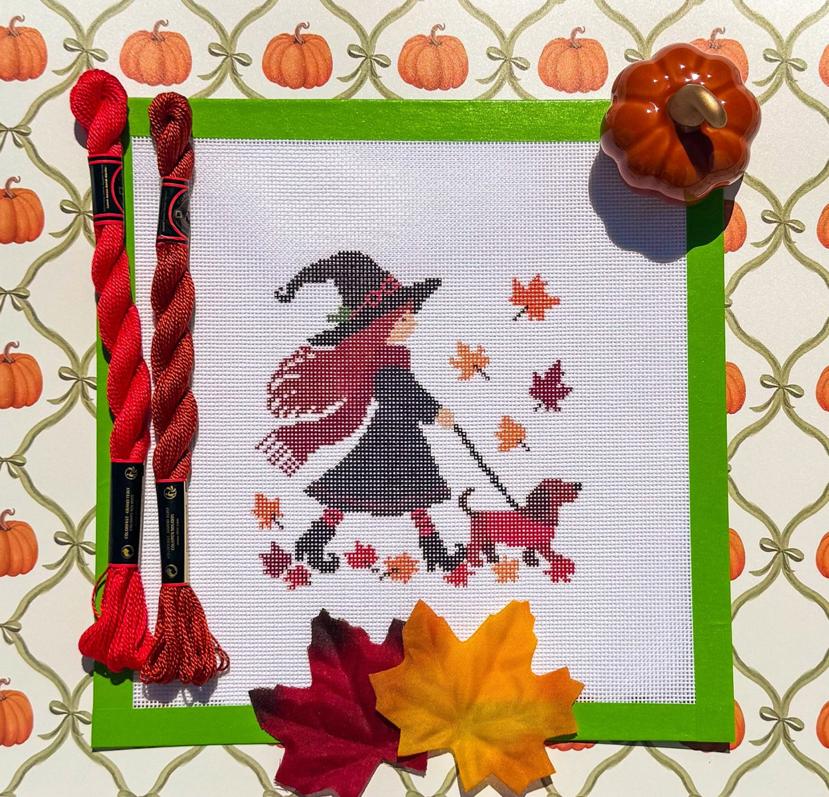 Witch Walking a Dog printed needlepoint canvas - NeedleLittleStitchCo