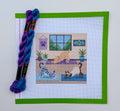Yoga Downward Dog printed needlepoint canvas with dog instructor and two cats in yoga studio, 18-ct Zweigart, 5x5 inches