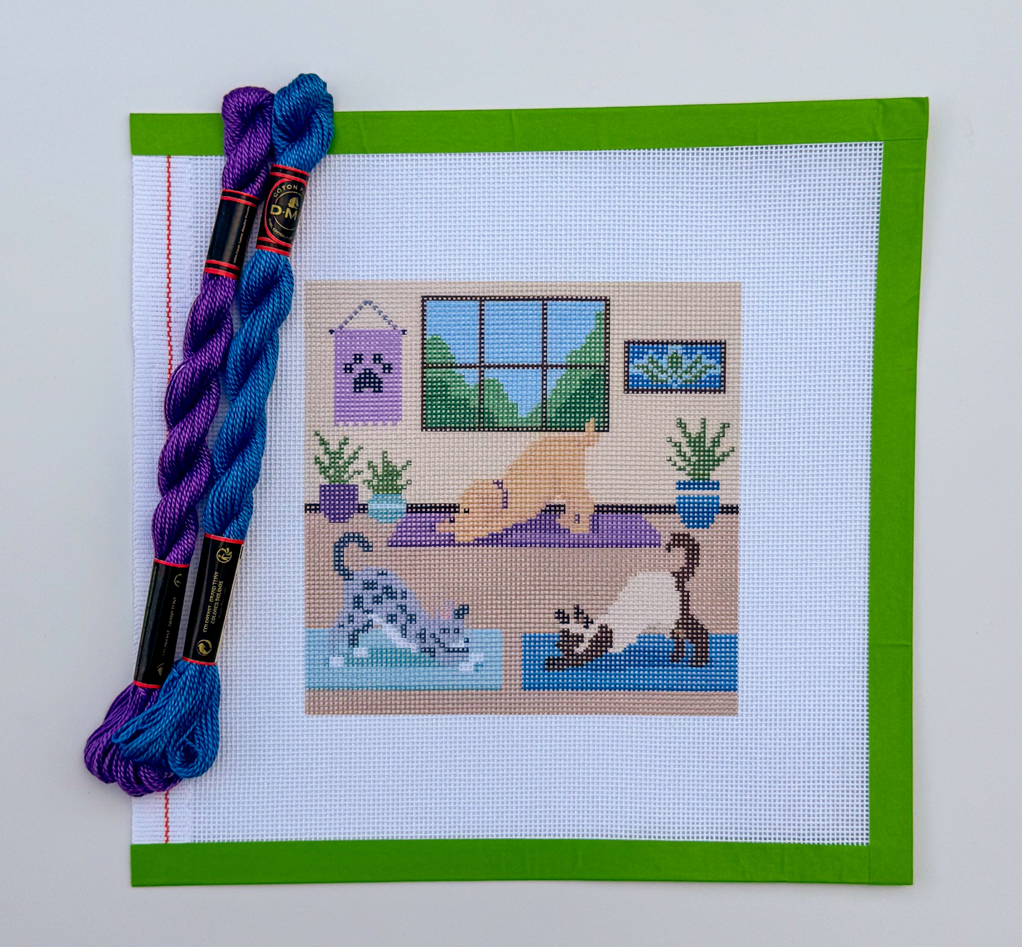 Yoga Downward Dog printed needlepoint canvas with dog instructor and two cats in yoga studio, 18-ct Zweigart, 5x5 inches
