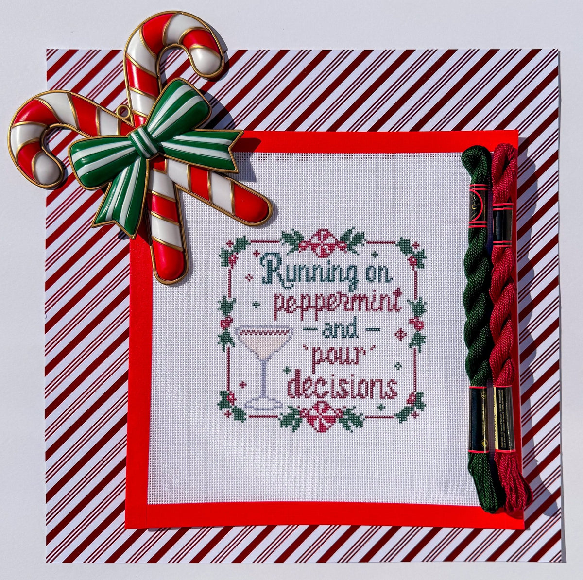 Peppermint and Pour Decisions printed needlepoint canvas - NeedleLittleStitchCo