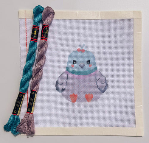 Baby Girl Pigeon Plush printed needlepoint canvas - NeedleLittleStitchCo