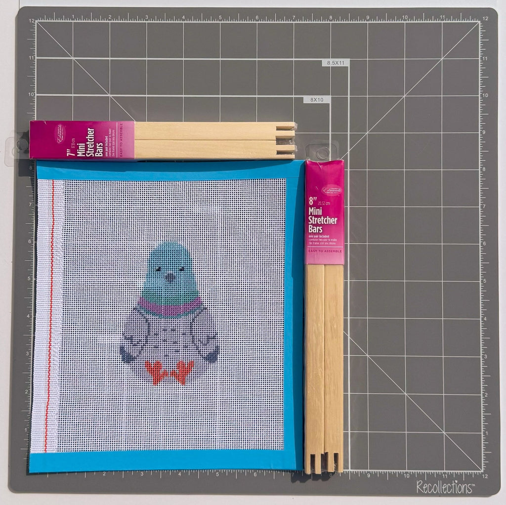 Whimsical Pigeon Plush printed needlepoint canvas - NeedleLittleStitchCo