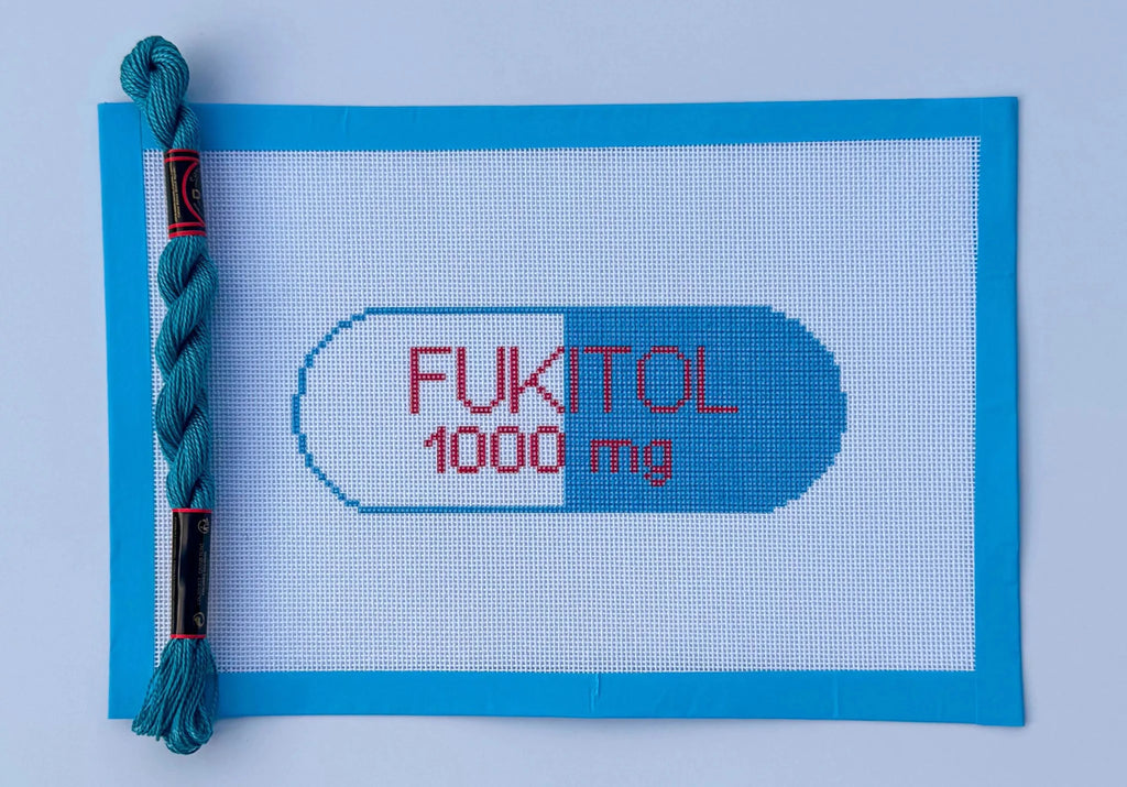 Funny Fukitol Pill Sign printed needlepoint canvas - NeedleLittleStitchCo