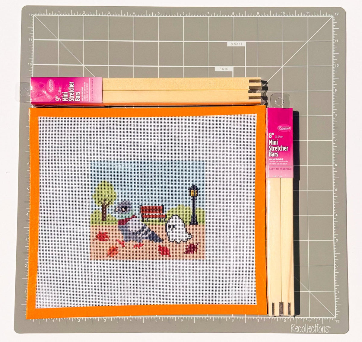 Ghost Following NYC Pigeon printed needlepoint canvas - NeedleLittleStitchCo