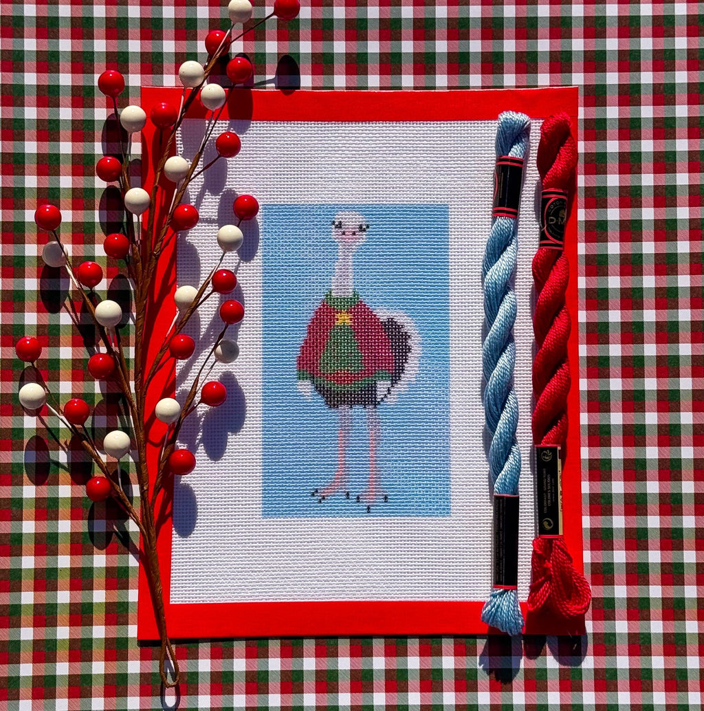 Christmas Sweater Ostrich printed needlepoint canvas - NeedleLittleStitchCo
