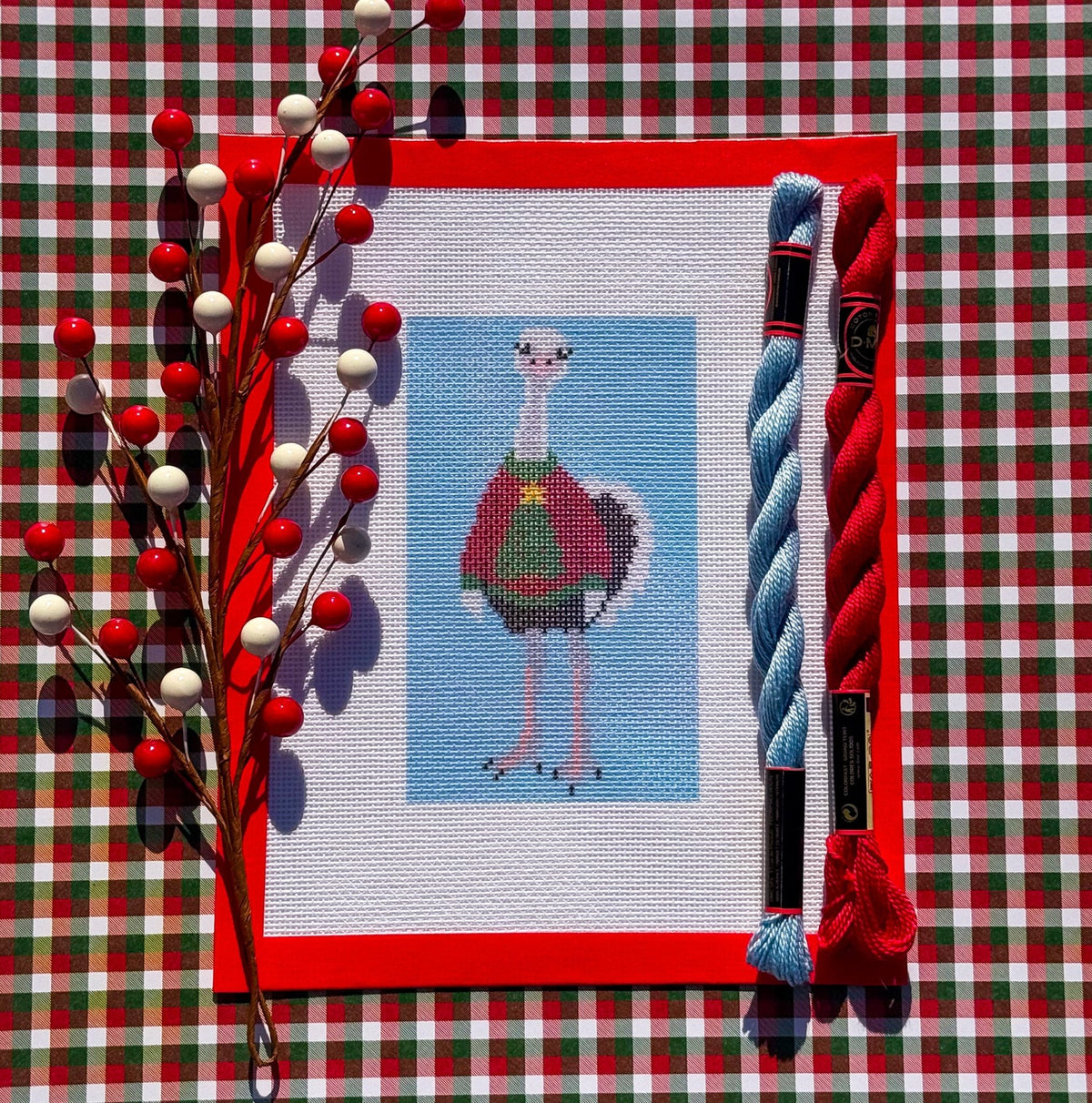 Christmas Sweater Ostrich printed needlepoint canvas - NeedleLittleStitchCo