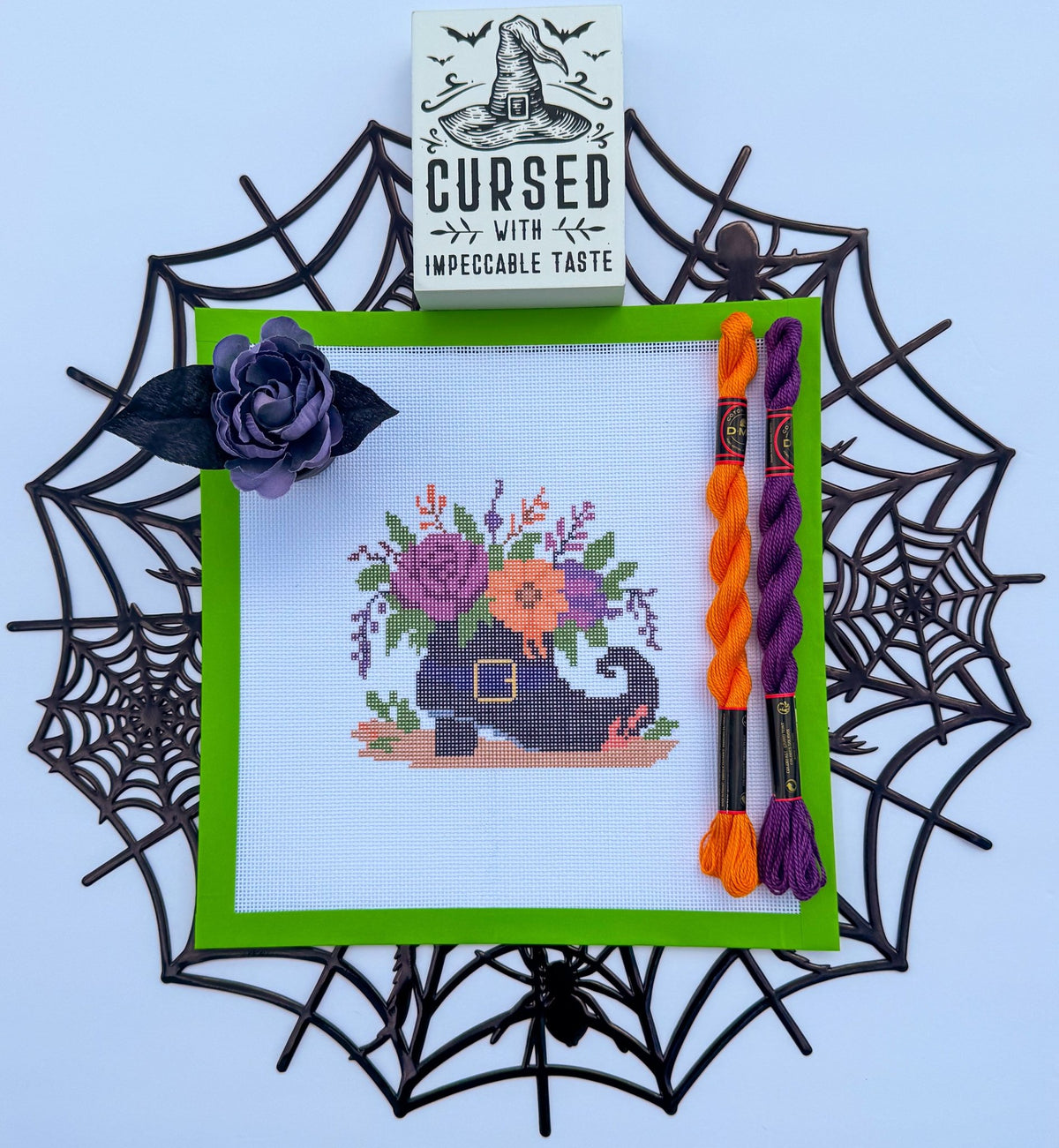 Witches Boot Bouquet printed needlepoint canvas - NeedleLittleStitchCo