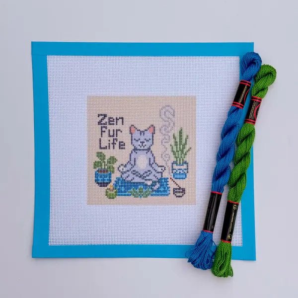 Zen Fur Life Cat Yoga printed needlepoint canvas - NeedleLittleStitchCo