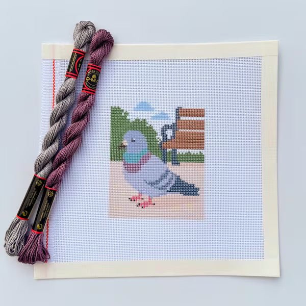 New York Pigeon in the Park printed needlepoint canvas - NeedleLittleStitchCo