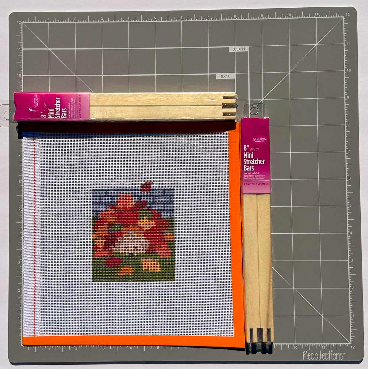 Autumn Leaf Hedgehog printed needlepoint canvas - NeedleLittleStitchCo