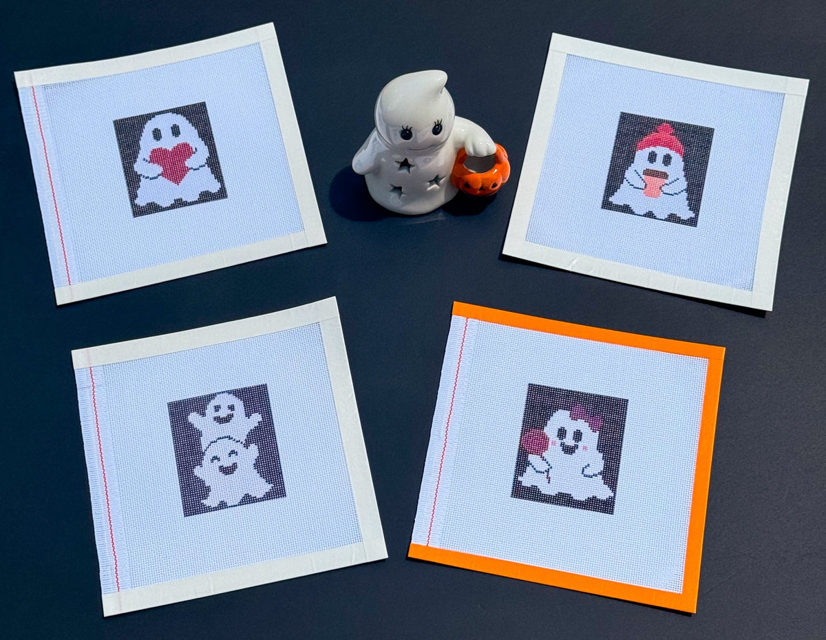 Mini Halloween Ghost printed needlepoint canvas - NeedleLittleStitchCo