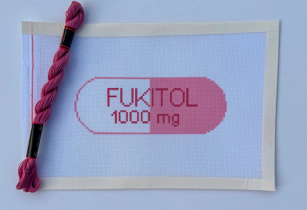 Funny Fukitol Pill Sign printed needlepoint canvas - NeedleLittleStitchCo