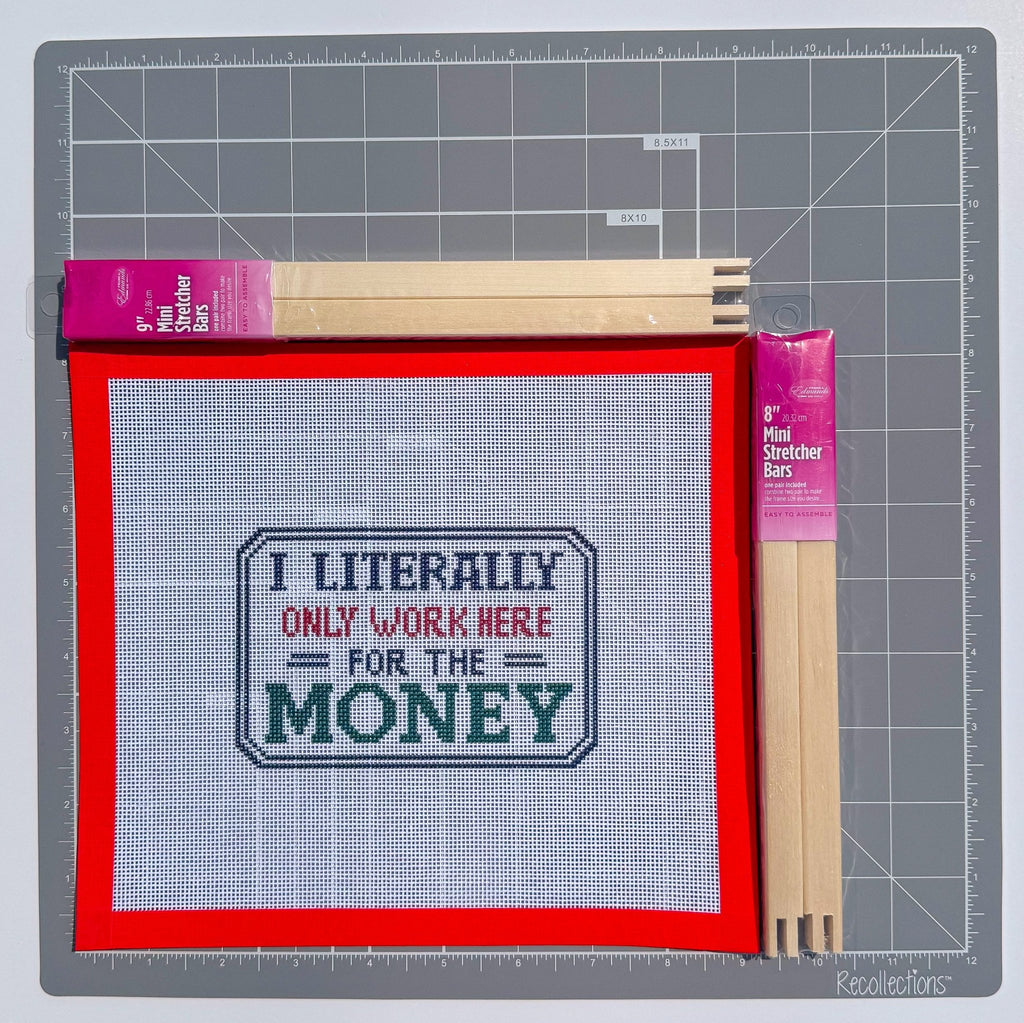 Funny I Literally Only Work Here for the Money Sign printed needlepoint canvas - NeedleLittleStitchCo