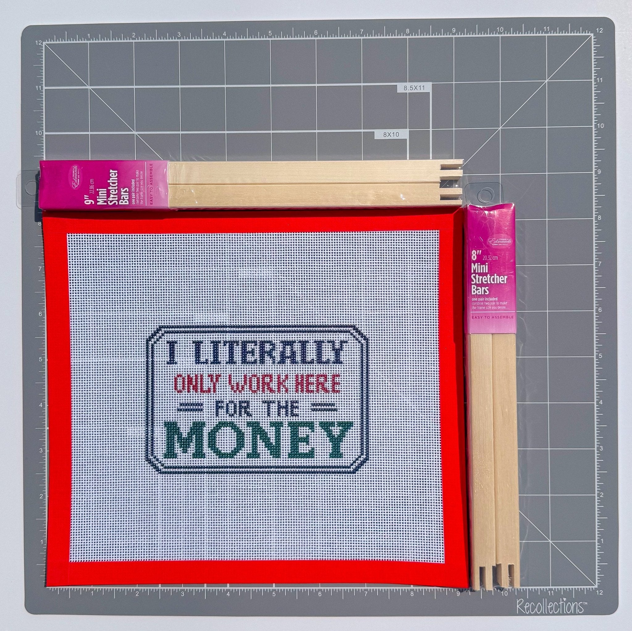 Funny I Literally Only Work Here for the Money Sign printed needlepoint canvas - NeedleLittleStitchCo