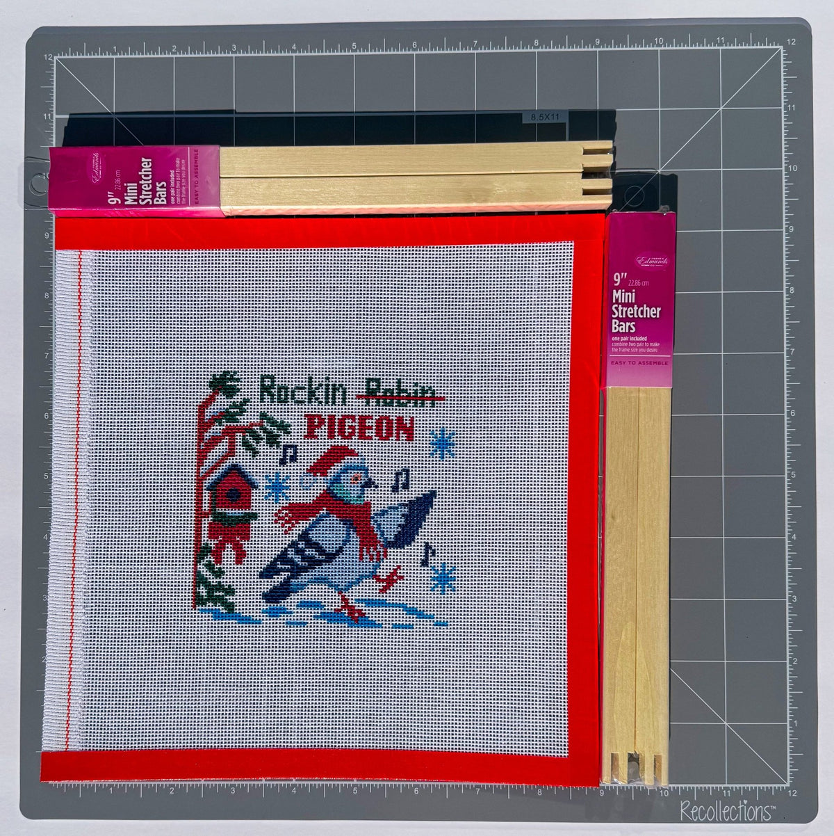 Christmas Rockin Pigeon printed needlepoint canvas - NeedleLittleStitchCo