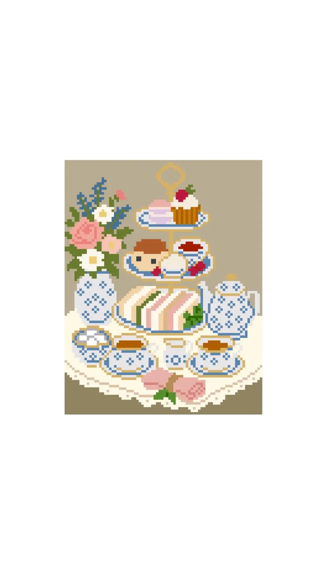 British Afternoon Tea Tower printed needlepoint canvas - NeedleLittleStitchCo