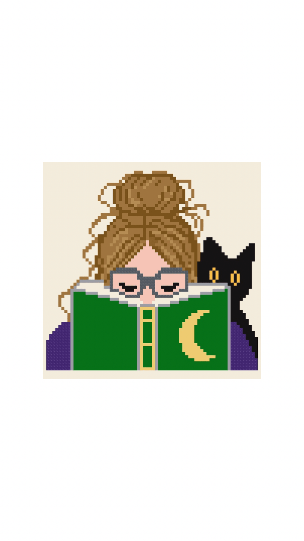Halloween Reading Witch and Cat printed needlepoint canvas - NeedleLittleStitchCo
