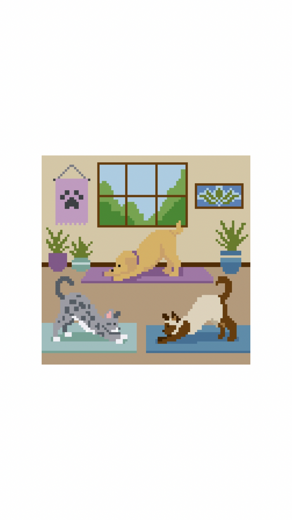 Yoga Downward Dog needlepoint canvas pattern detail showing printed design on 18-ct white Zweigart mesh canvas