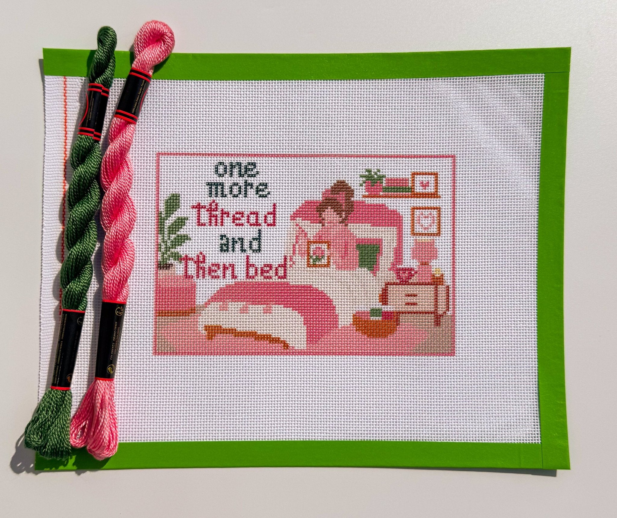 Funny One More Thread Before Bed Sign printed needlepoint canvas - NeedleLittleStitchCo