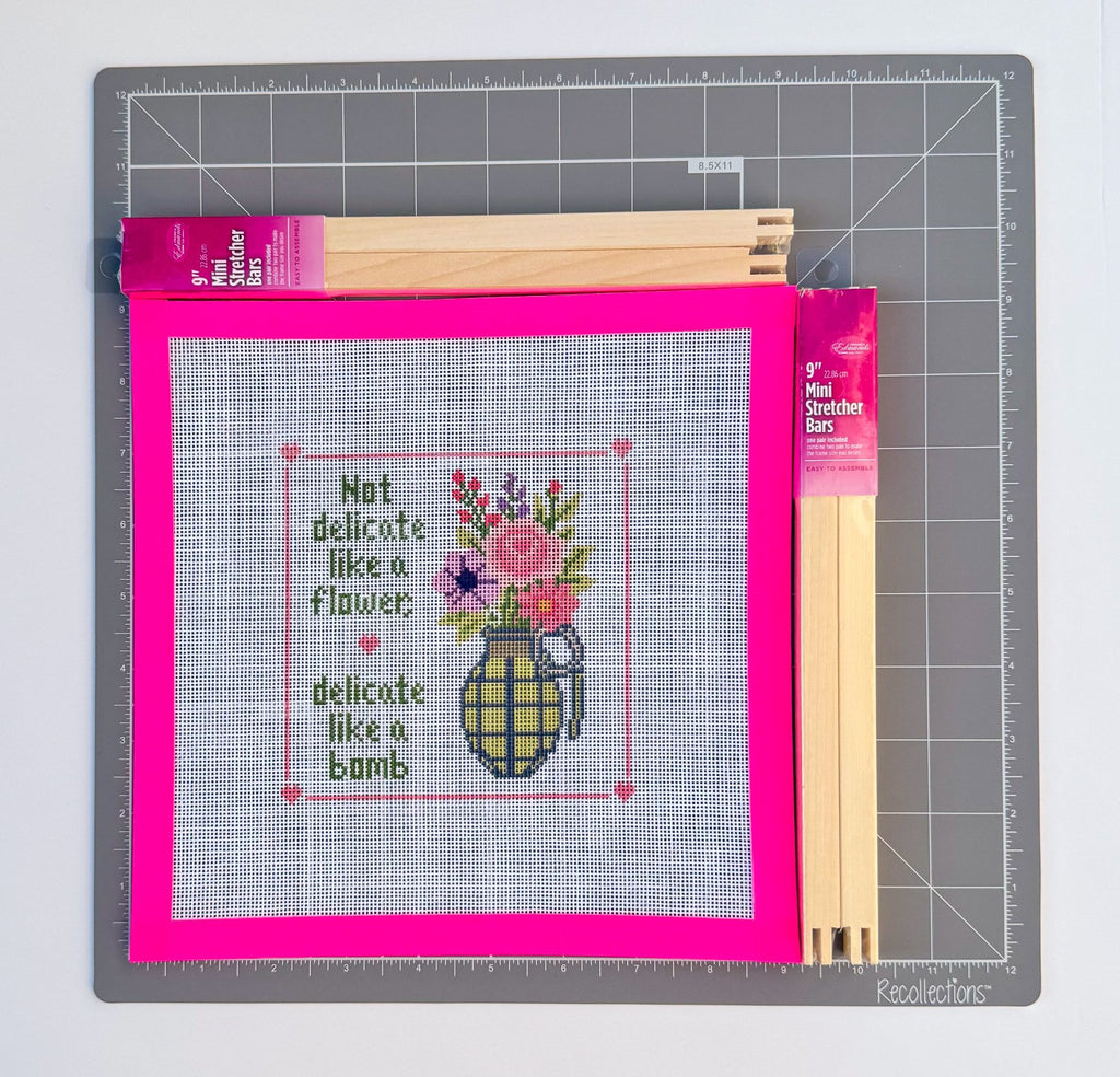Not Delicate Like a Flower, Delicate Like a Bomb printed needlepoint canvas - NeedleLittleStitchCo
