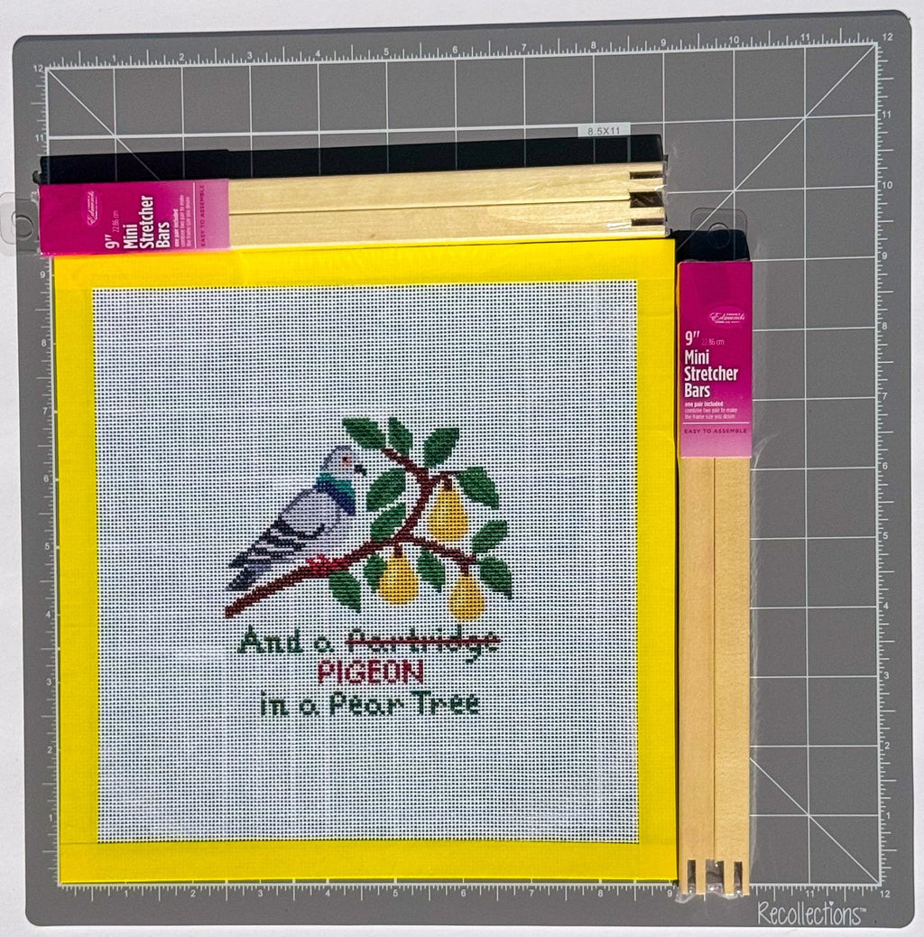 Christmas Pigeon in a Pear Tree printed needlepoint canvas - NeedleLittleStitchCo