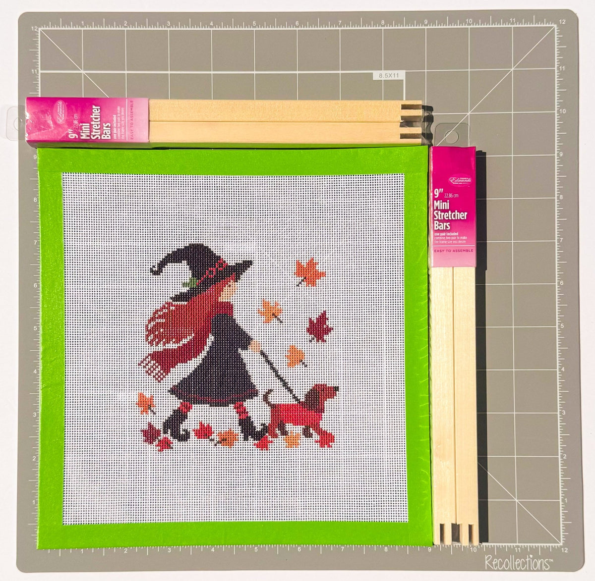 Witch Walking a Dog printed needlepoint canvas - NeedleLittleStitchCo