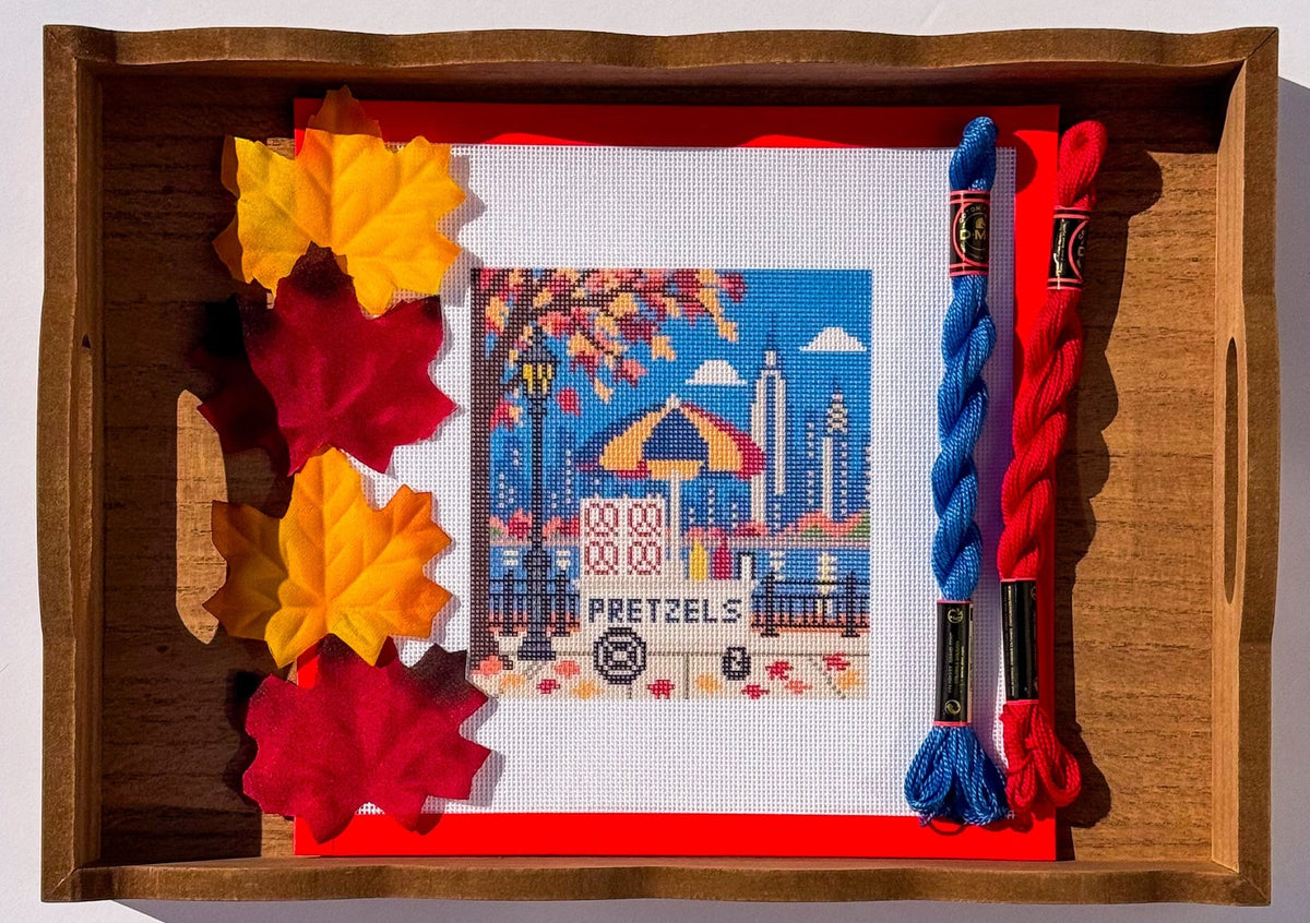NYC Autumn Pretzel Cart printed needlepoint canvas - NeedleLittleStitchCo