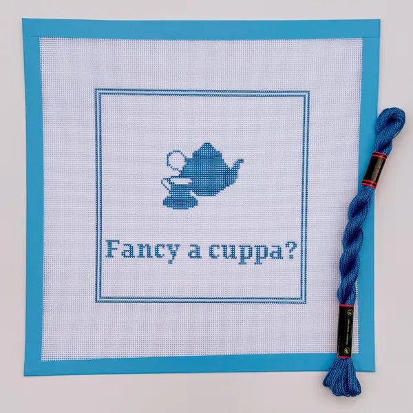 British Fancy a Cuppa Teapot and Cup Sign printed needlepoint canvas - NeedleLittleStitchCo