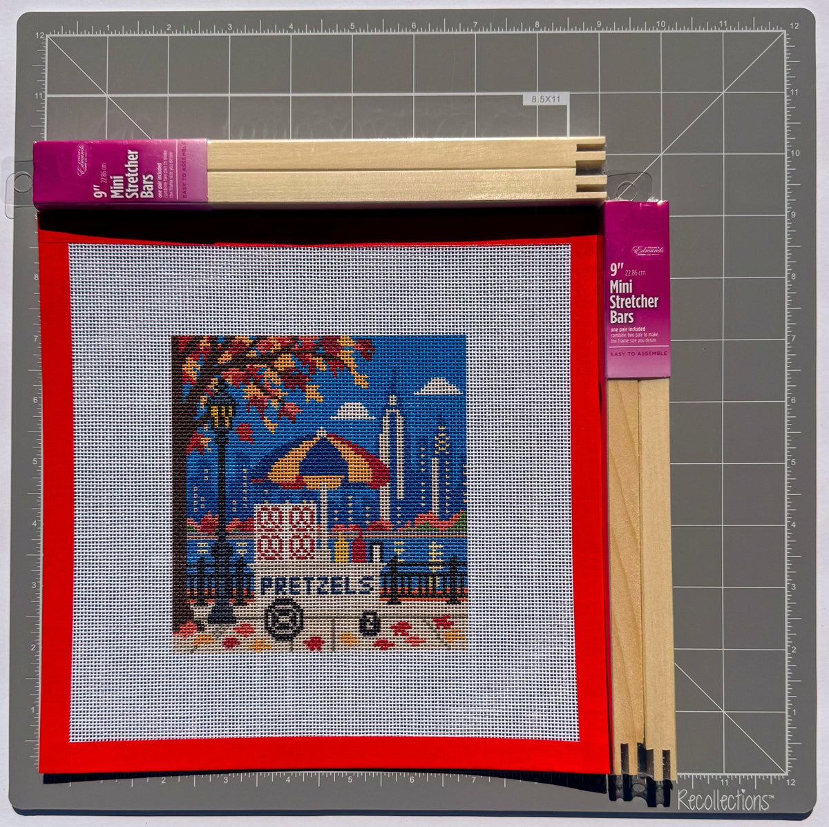 NYC Autumn Pretzel Cart printed needlepoint canvas - NeedleLittleStitchCo