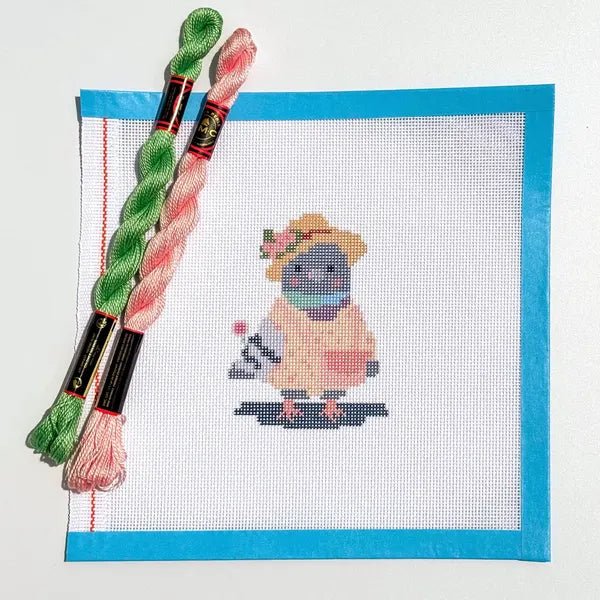 Pigeon Pal in Cherry Blossom Dress printed needlepoint canvas - NeedleLittleStitchCo