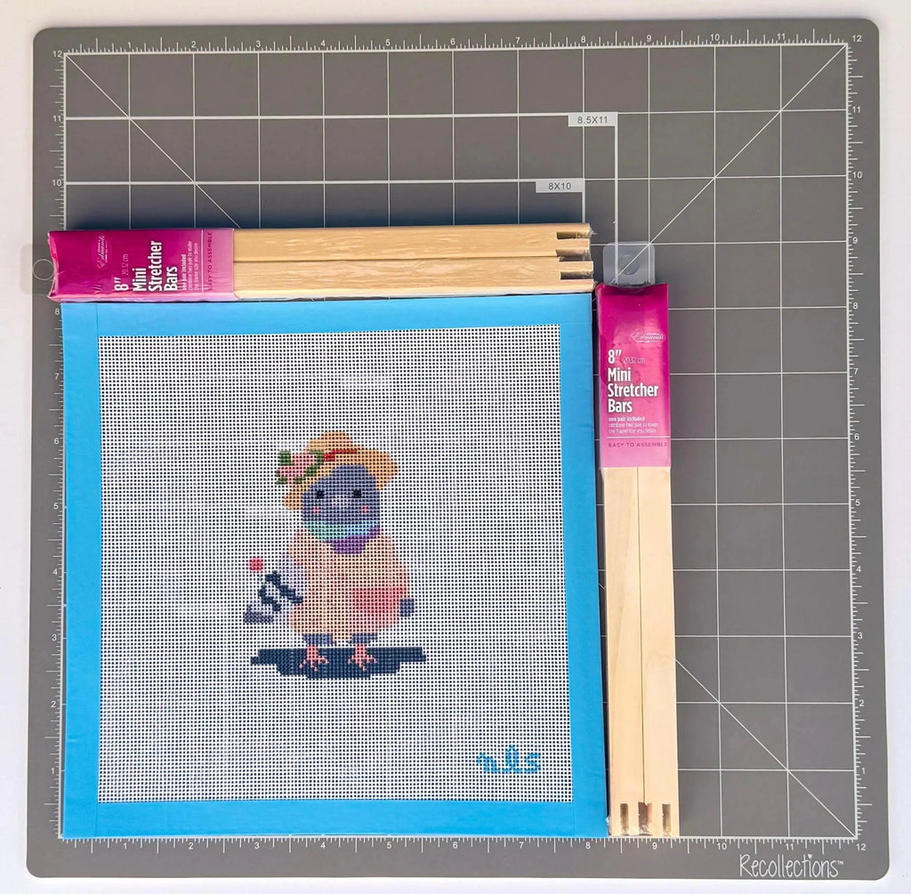 Pigeon Pal in Cherry Blossom Dress printed needlepoint canvas - NeedleLittleStitchCo