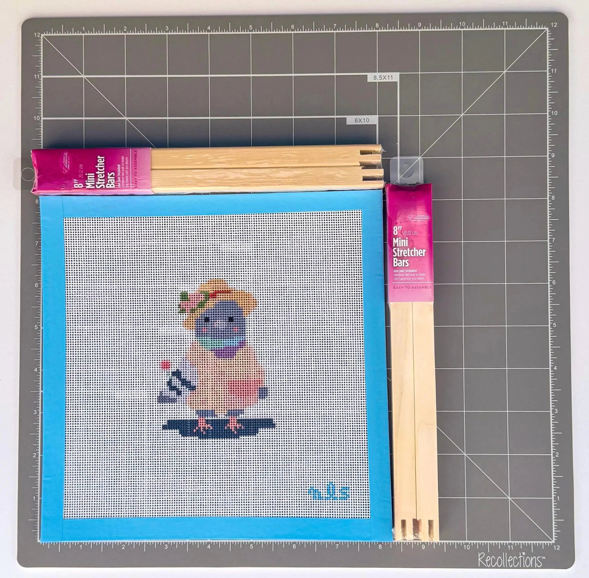 Pigeon Pal in Cherry Blossom Dress printed needlepoint canvas - NeedleLittleStitchCo