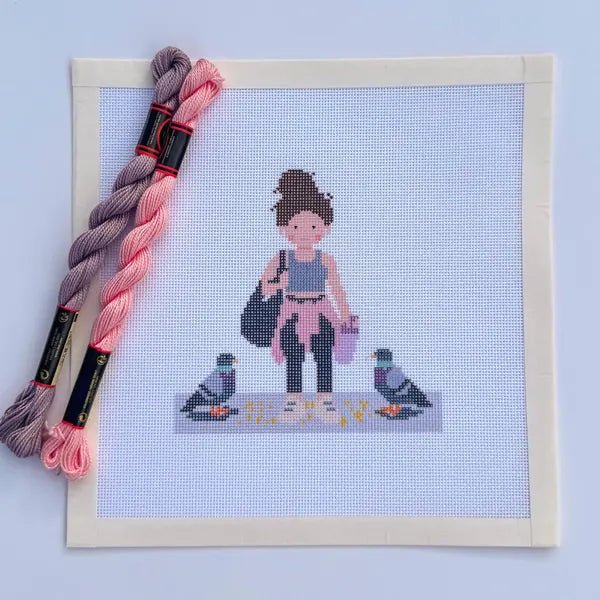 New York City Pigeon Friend in Workout Outfit printed needlepoint canvas - NeedleLittleStitchCo