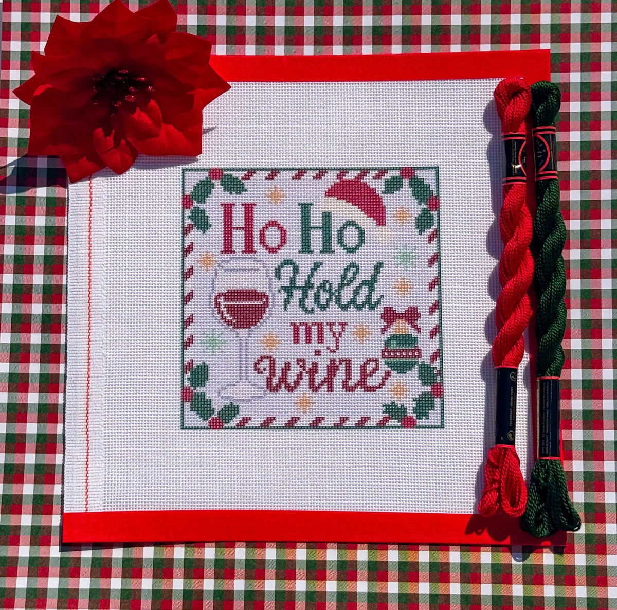 Ho Ho Hold My Wine printed needlepoint canvas - NeedleLittleStitchCo