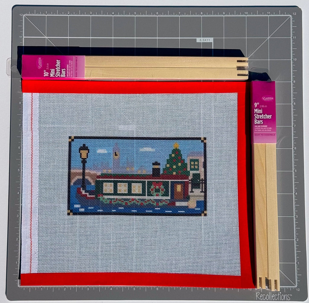 London Christmas Canal Boat printed needlepoint canvas - NeedleLittleStitchCo