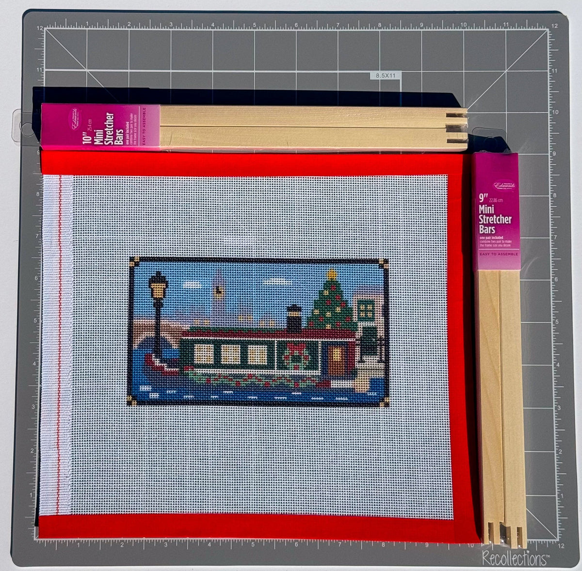 London Christmas Canal Boat printed needlepoint canvas - NeedleLittleStitchCo