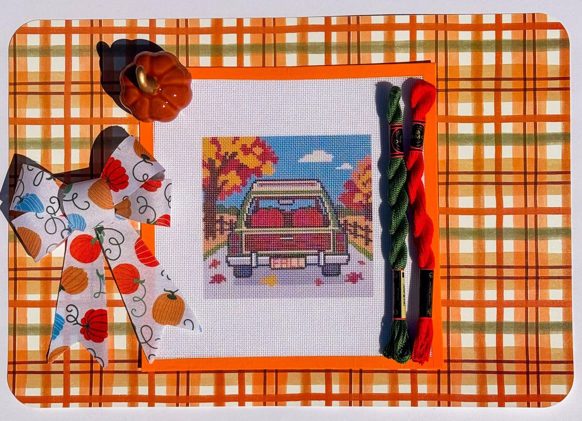 Station Wagon with Pumpkins printed needlepoint canvas - NeedleLittleStitchCo