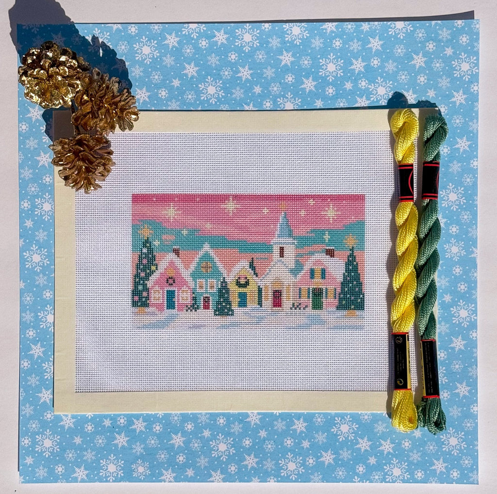 Pastel Christmas Village printed needlepoint canvas - NeedleLittleStitchCo