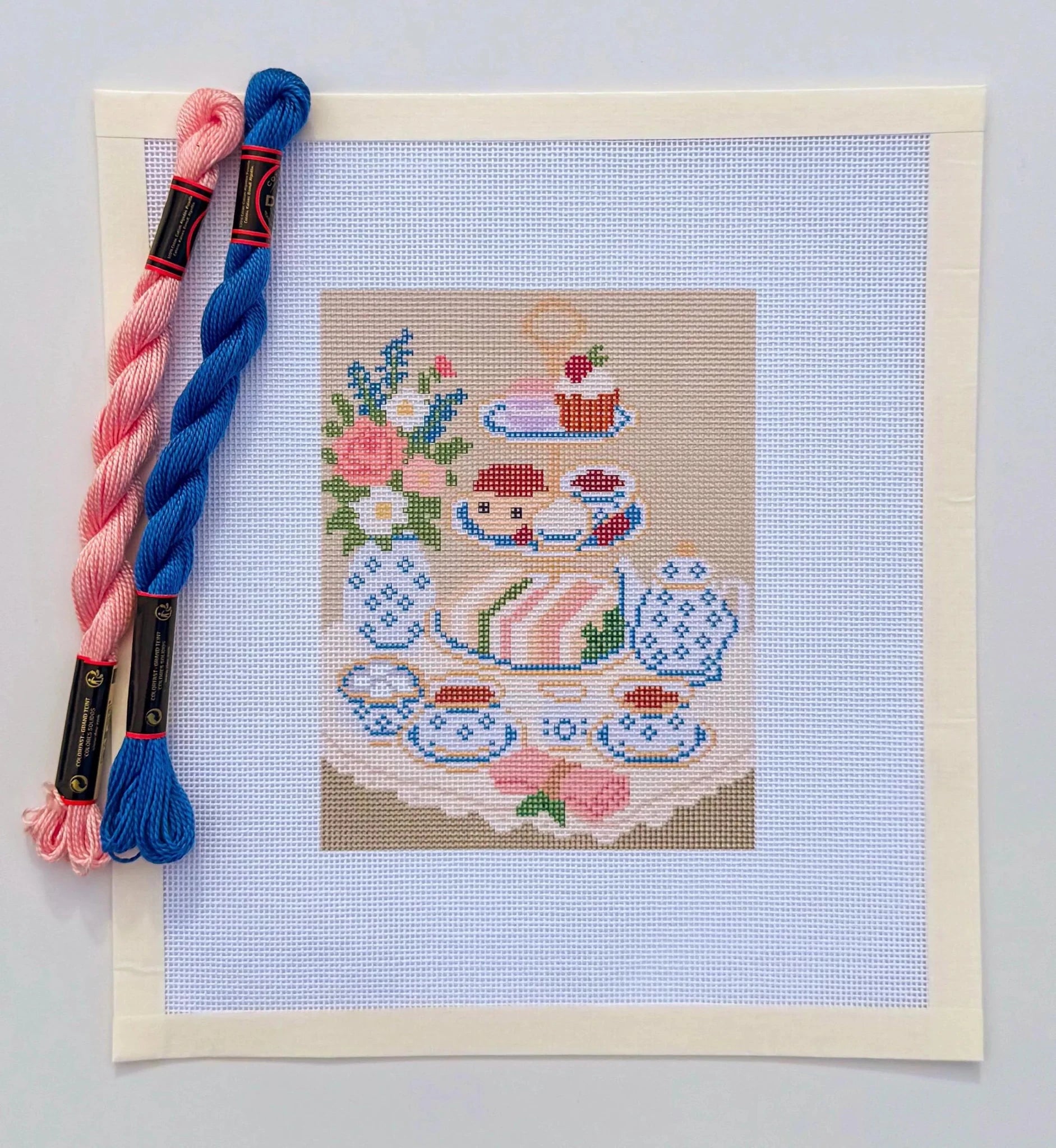 British Afternoon Tea Tower printed needlepoint canvas - NeedleLittleStitchCo